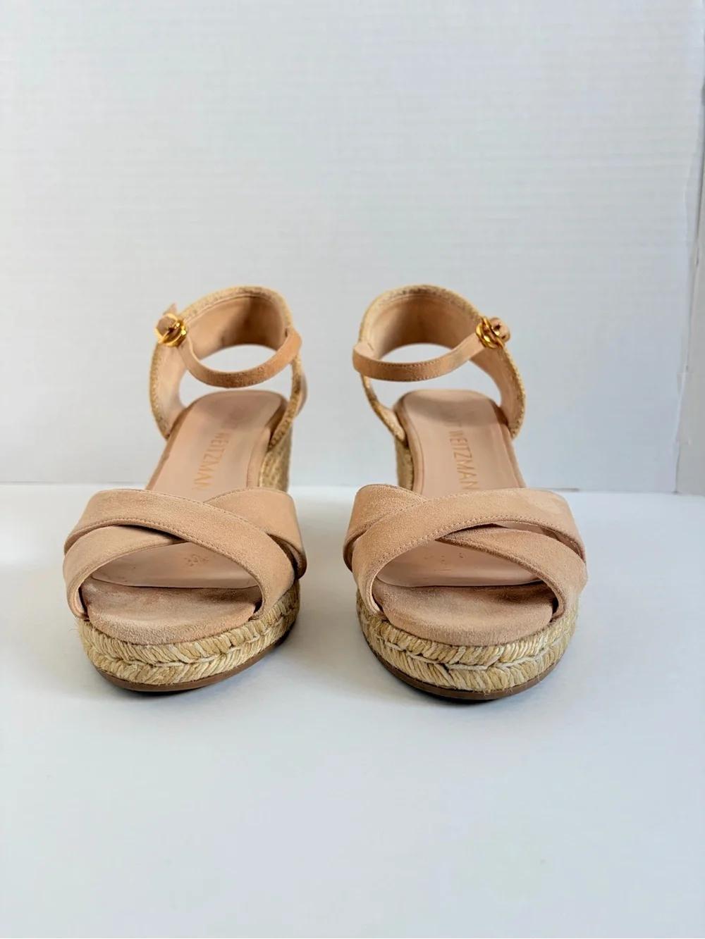 Stuart Weitzman Espadrille Wedge Sandals Platform Suede Raffia Tan Beige Size 9 - Picture 6 of 14